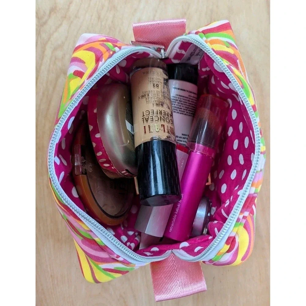 Embroidered MAKEUP Cosmetic Toiletry Pink Tye Dye Swirl + Matching Key Fob SET